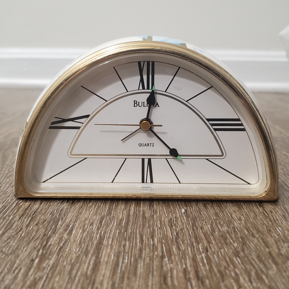 BULOVA White Floral Half Moon Desk Clock